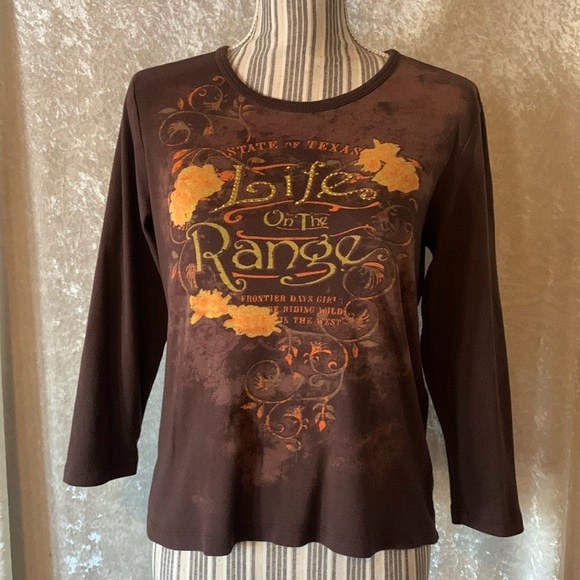 Vintage Y2K Susan Lawrence Brown Tattoo Style Life on The Range Texas Top size M - Picture 1 of 6
